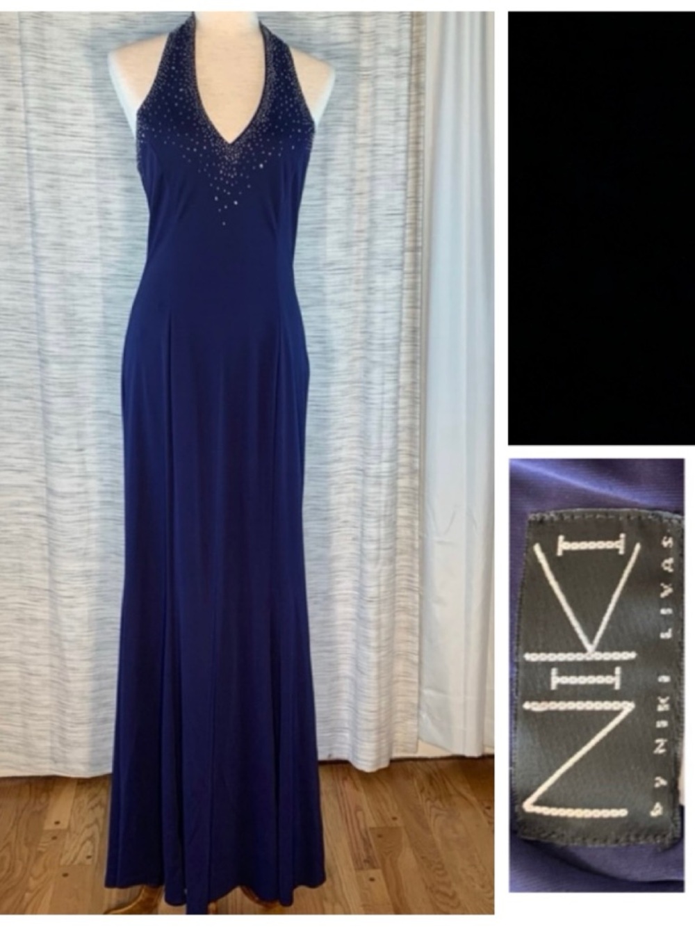 Niki by Niki Livas Navy Blue Beaded Evening Gown.